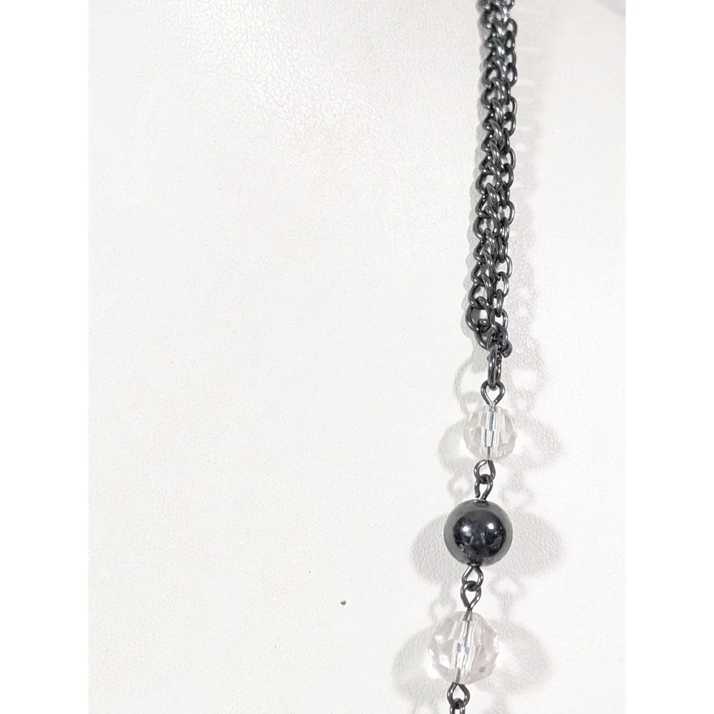 Gunmetal Black & Clear Beaded Necklace Faceted Acrylic Long‎ Layering 30 in